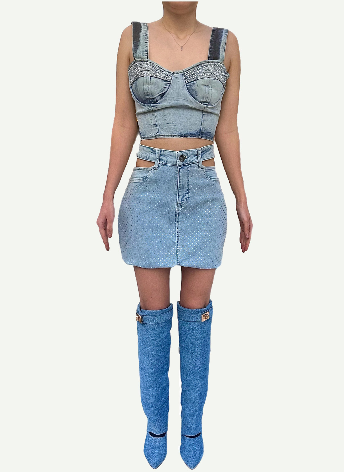 Askılı taş işlemeli buz mavi büstiyer