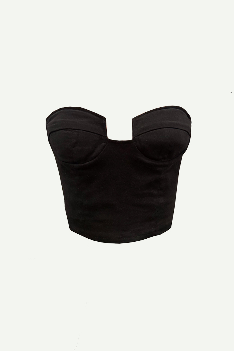 Glop detay straplez siyah denim büstiyer