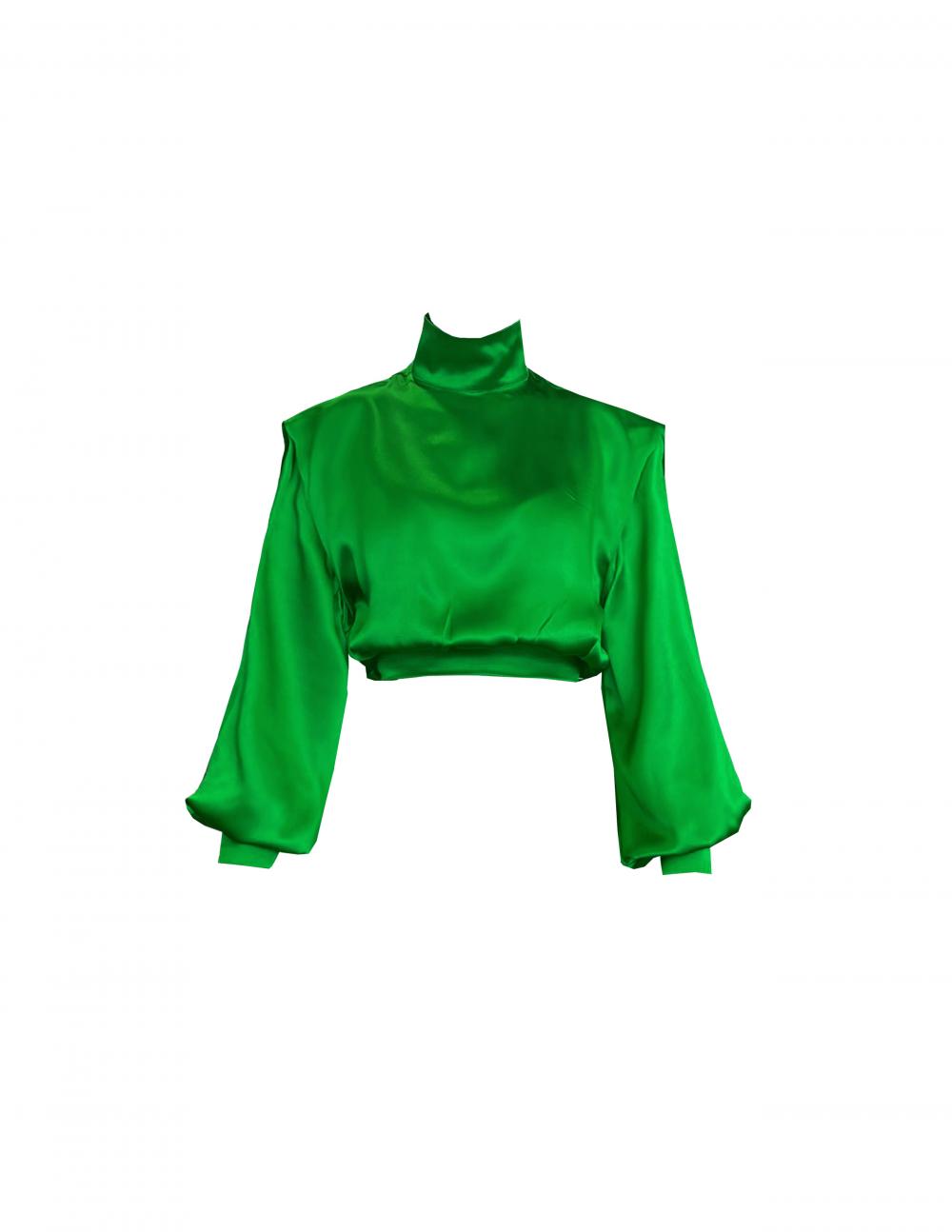 İpek saten sırt detaylı yeşil gömlek