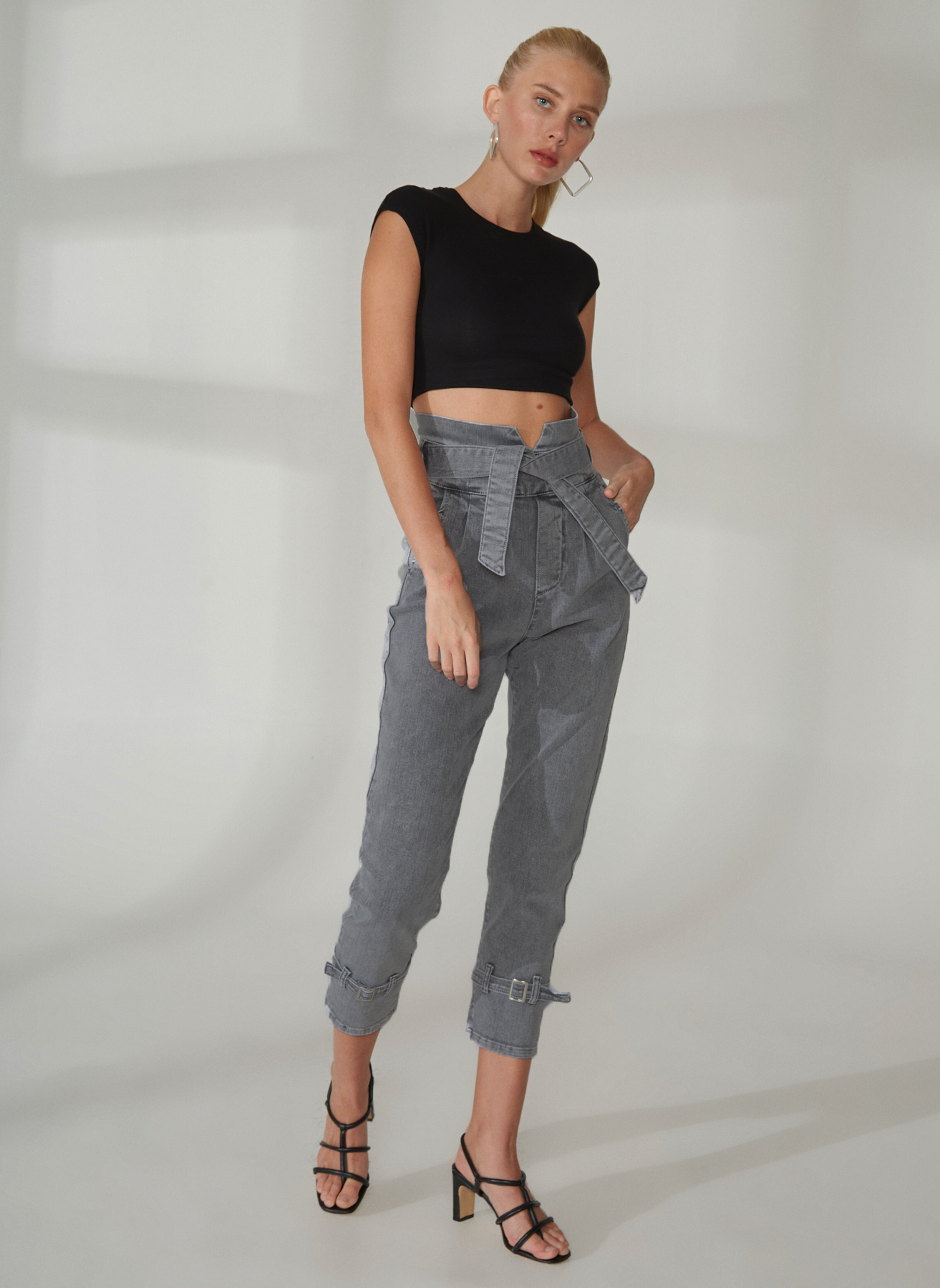 RG-204 Metal tokalı denim antrasit yüksek bel pantolon