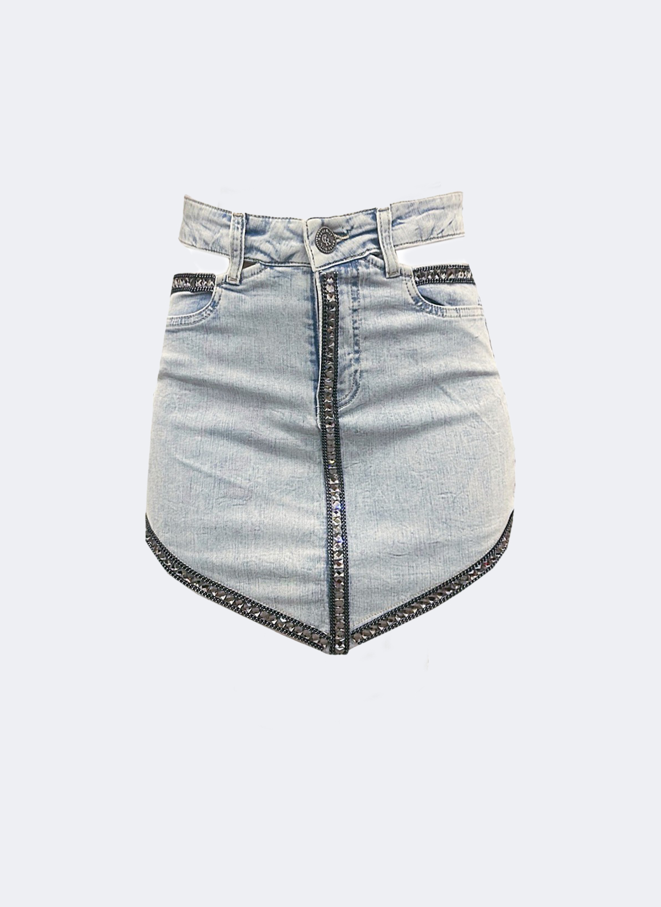 Üçgen kesim taş işlemeli denim etek